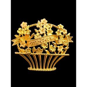Jonette Vintage Retro MOTHER Gold Brooch Pin with Basket of Flowers- For Mom